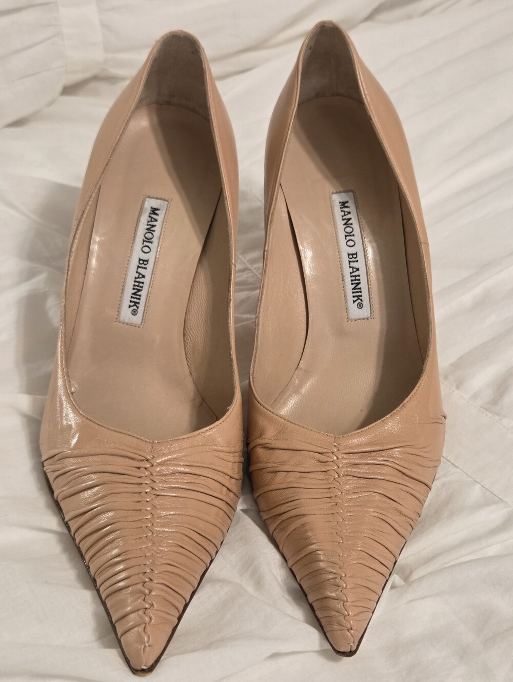 Manolo Blahnik Nude Ruched Pointed-Toe Leather Pumps